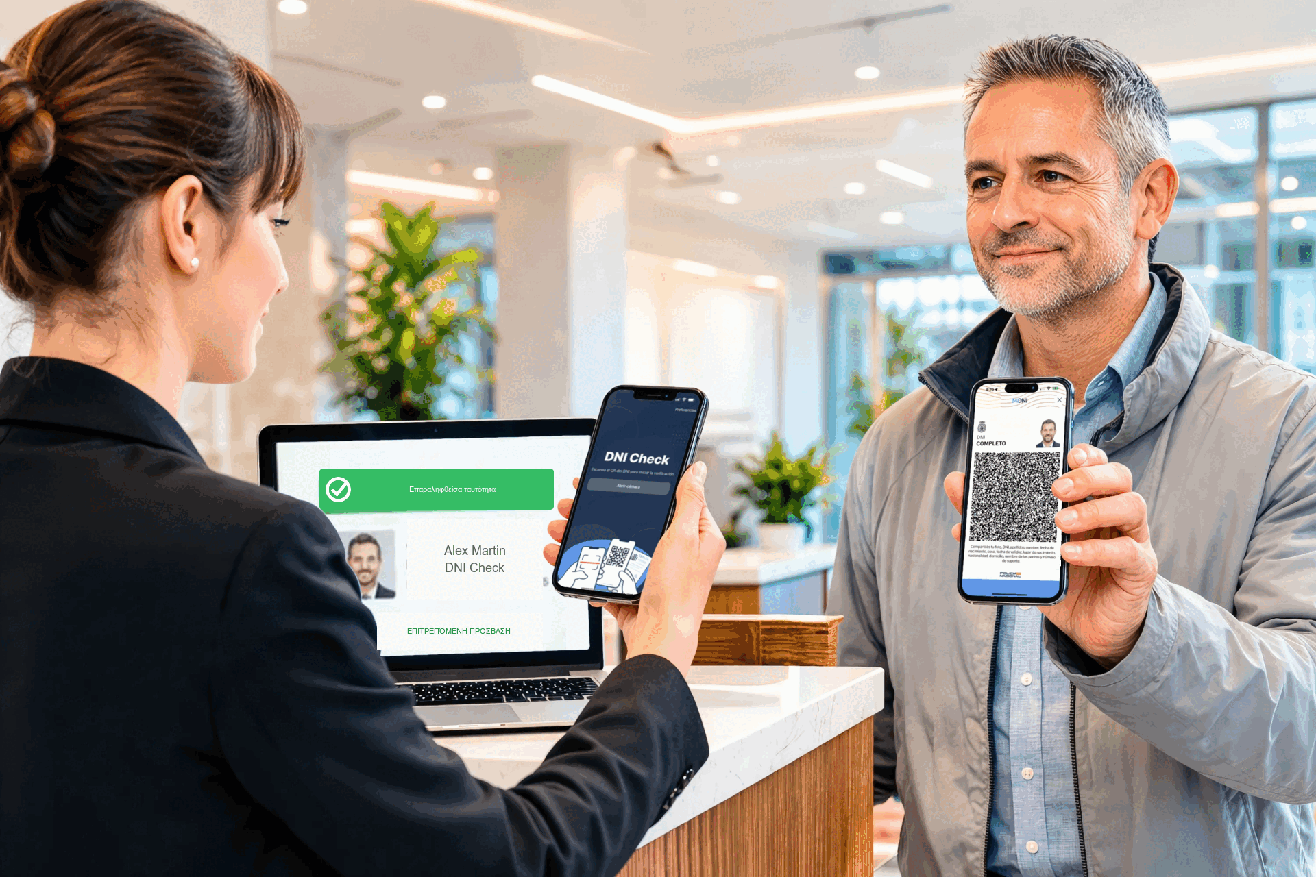 Πιστοποιητικός συνδεδετής που επιβεβαιώνει την ταυτότητα ενός επισκέπτη με DNICheck: Επιβεβαιωμένη ταυτότητα · Επιτρεπόμενη πρόσβαση .