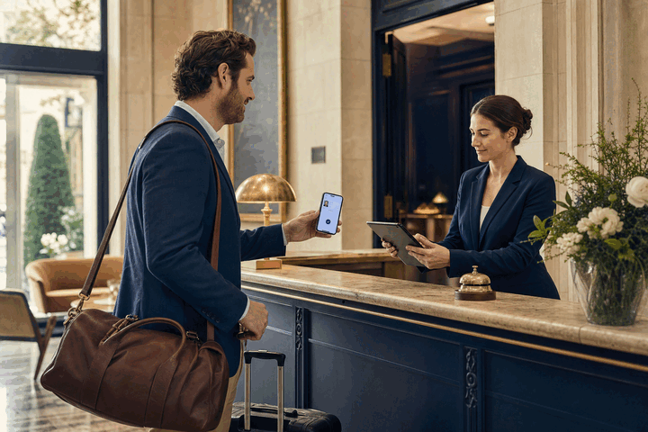Check-in of the hotel verifying the identity of the guest